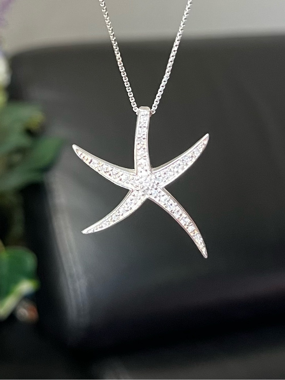 Sterling Silver Diamond Starfish Pendant Necklace - 925 Italy